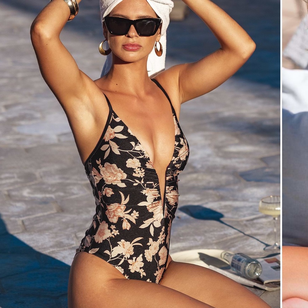 Cupshe Black and Tan Floral One Piece Swimsuit